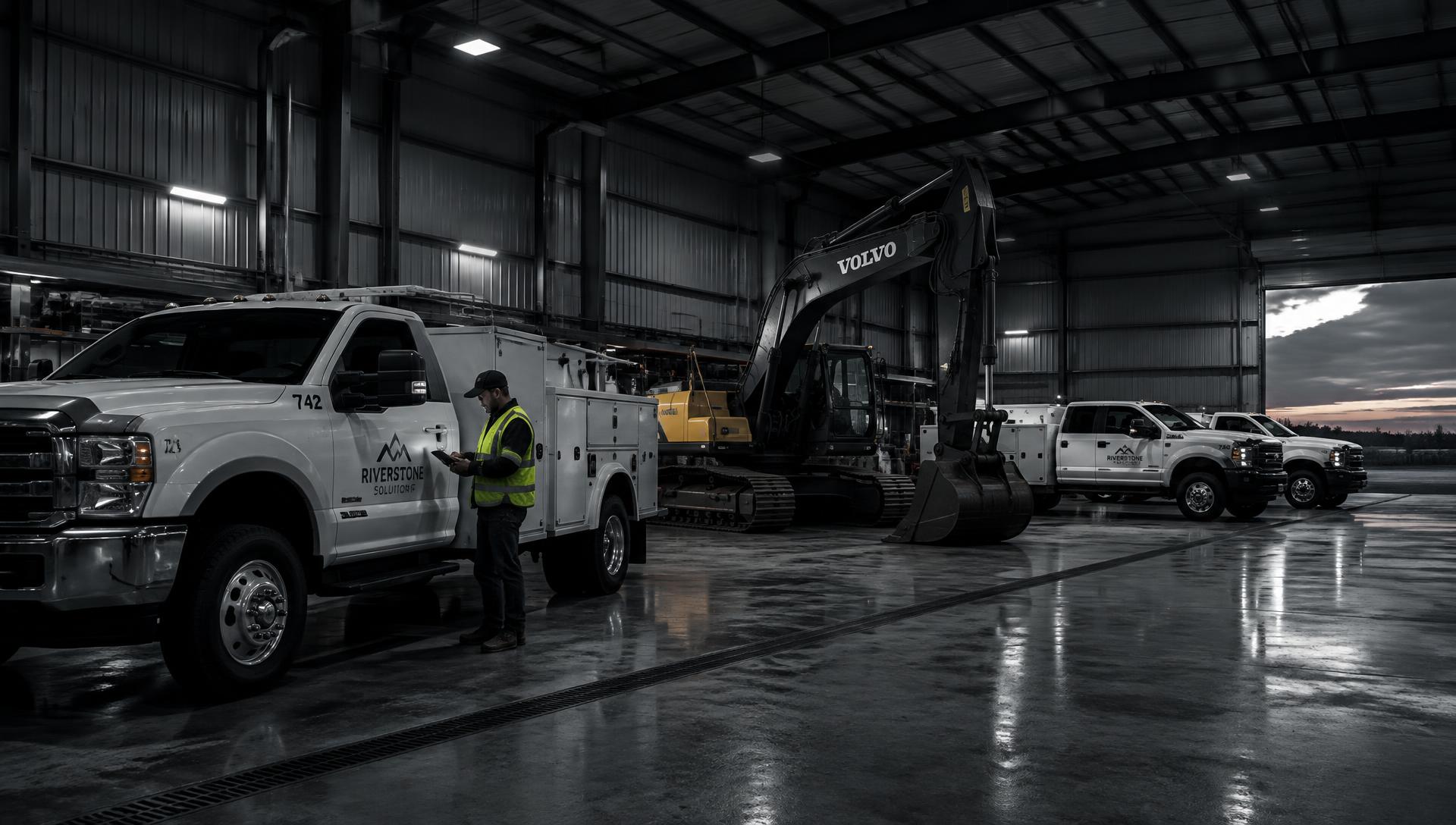 Technician inspecting a service truck in an industrial fleet yard